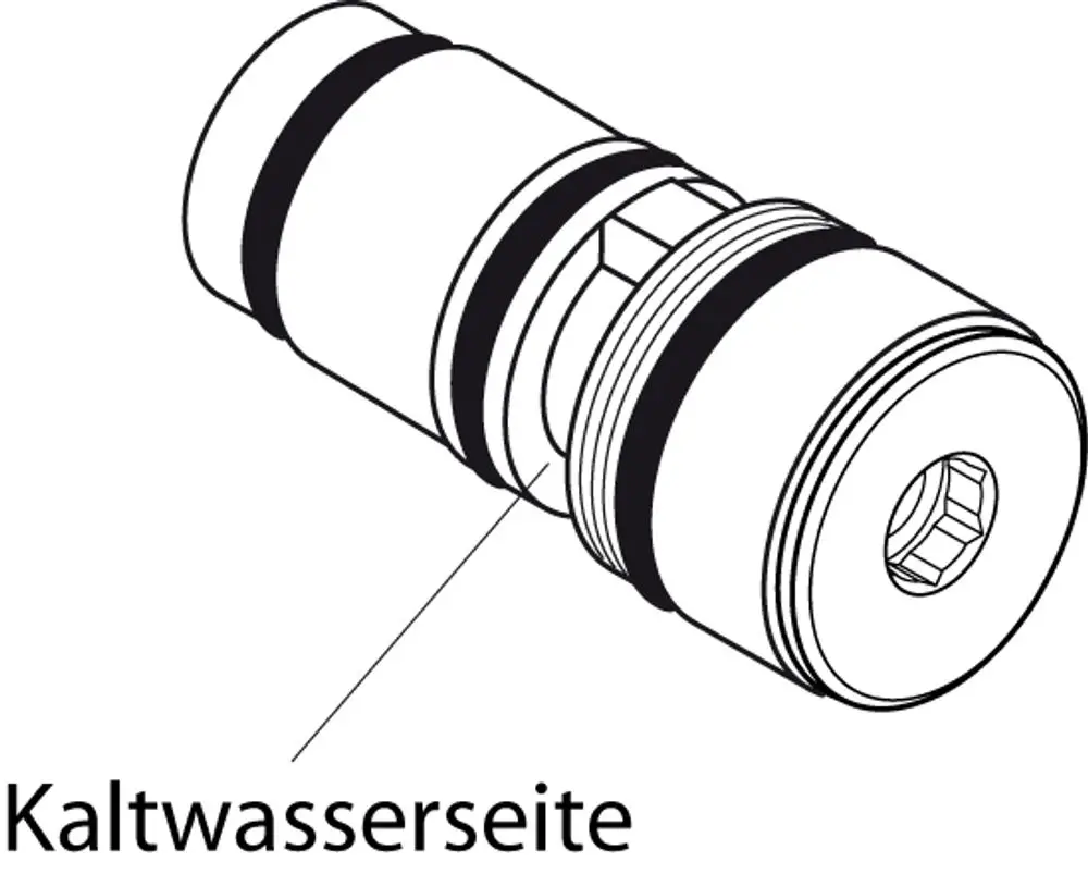 Zeichnung eines Ventils von Ideal Standard, dargestellt in einer schematischen Ansicht mit Kennzeichnung der Kaltwasserseite.